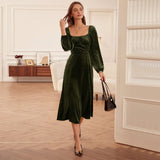 Women Dress Autumn Winter Retro Slim Fit Square Collar Long Sleeve Velvet Dress