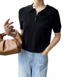 Women Knitted T-shirt Polo Short Sleeve Summer Lapels T-shirt