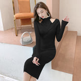 Women Maxi Dress Autumn and Winter off-the-Shoulder Slim Knit Dress
