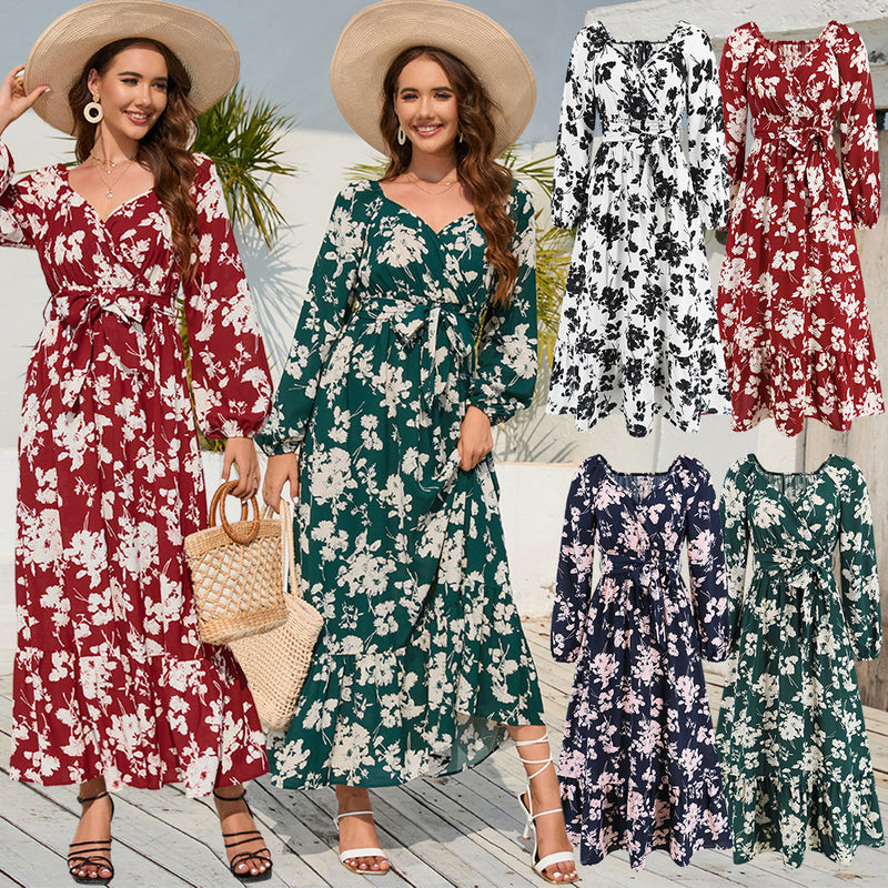 Women Date Dress Autumn Winter Sexy Long Sleeve V-neck Lantern Sleeve Backless Floral Long Tie Dress