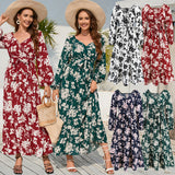 Women Date Dress Autumn Winter Sexy Long Sleeve V-neck Lantern Sleeve Backless Floral Long Tie Dress