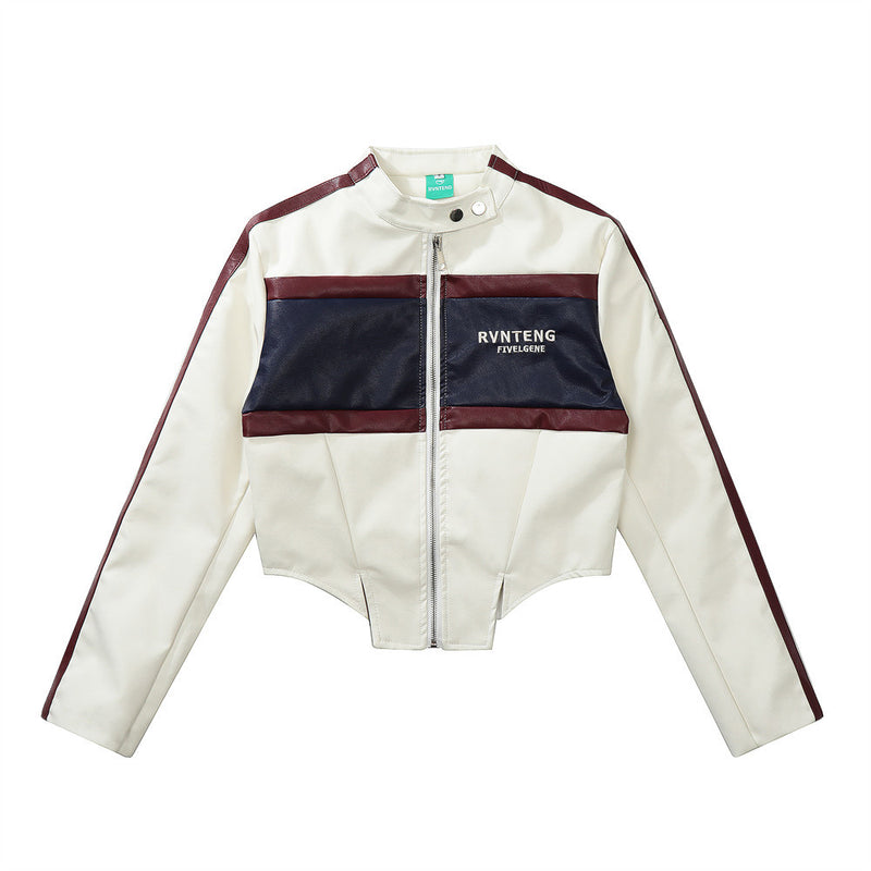 Women Jacket PU Leather Coat Stand Collar Embroidery Irregular Short Leather Jacket