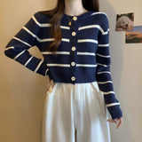 Women Knitwear Autumn Winter Retro Striped Sweaters Cardigan