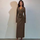 Women Dresses Winter V-neck Slim-Fit Long Sleeve Dress