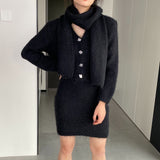Women Knitted Two-Piece Set Cardigan Skirt Scarf Three-Piece Set Button Knitted Sweater Casual Suit 1t8852