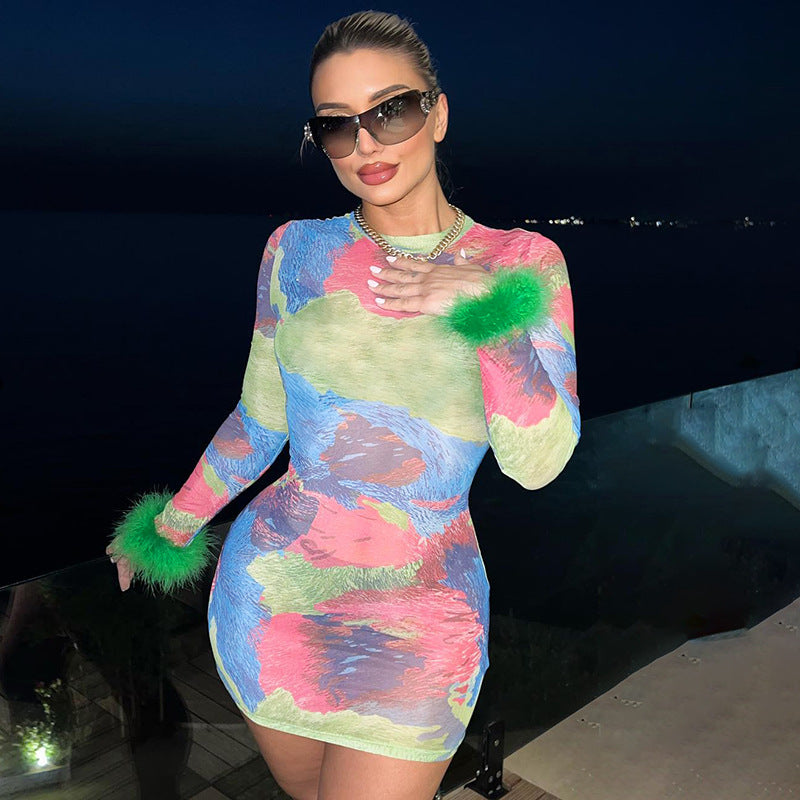 Women Dresses Fall Slim Fit round-Neck Long-Sleeved Dress