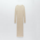 Women Knit Beach Cover Winter Knitting Midi Dress Knitted Hollow out Long Sleeve Dress