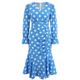 Women Date Dress Autumn and Winter Dress Sexy V-neck Polka Dot Printing Long-Sleeved Fishtail Dress