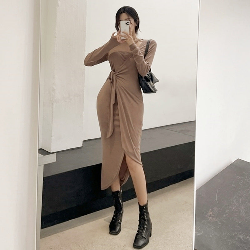 Women Dresses Beige Openwork Dress Long Skirt Bow Hip Skirt