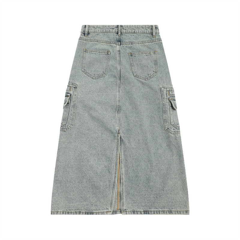 Women Long Skirt Denim Skirt Split Pocket A- line Skirt