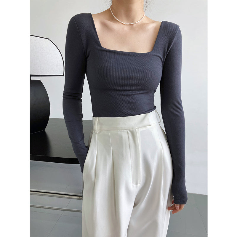 Women T Shirt Long Sleeve Square-Neck T-shirt Women's Slim Top Bottoming Shirt