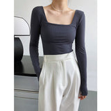 Women T Shirt Long Sleeve Square-Neck T-shirt Women's Slim Top Bottoming Shirt
