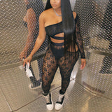 Women Co-Ord Set Midriff Outfit Two-Piece Set Hollow Lace Sexy Suit