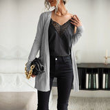 Women Knitted Sweater Autumn Gray, Long Sleeve Sweater Cardigan Long