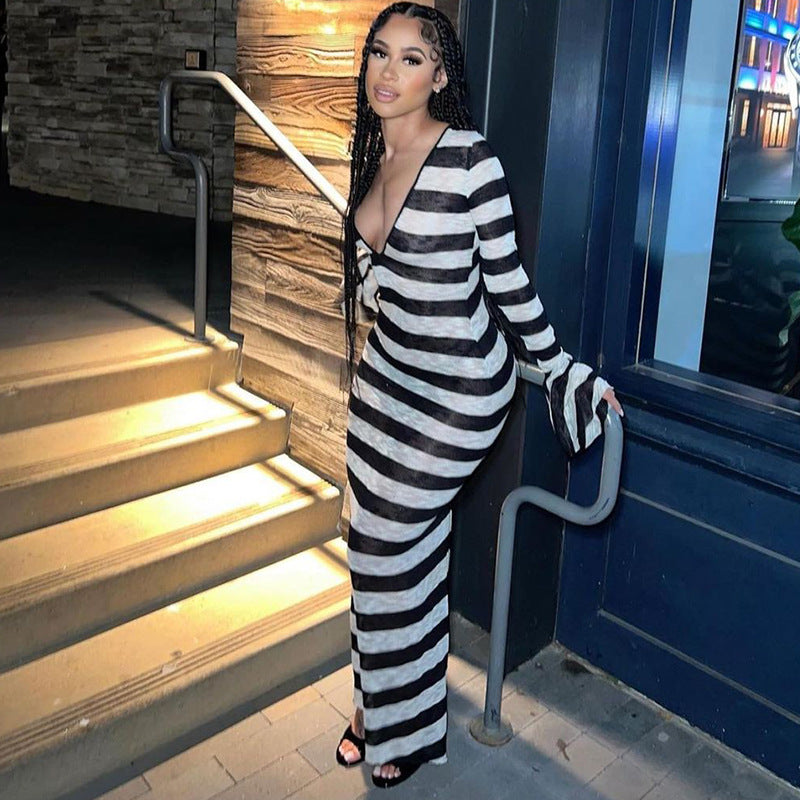 Women Dresses Summer Sexy Long Sleeve Striped Printed Dress