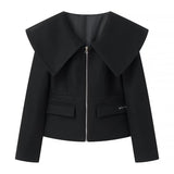Women Tops Spring/Summer Lapel Zipper V-neck Short Coat Solid Color Top