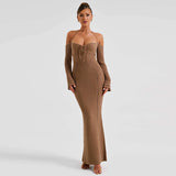 Women Dresses Spring Sexy Backless Lace up Slim Fit Hollow out Long Sleeve Dress