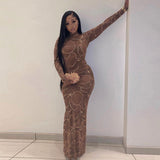 Women Dresses Winter Mesh Slim Fit round-Neck Long-Sleeved Dress