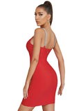 Women's Evening Dress Sexy Suspenders Hollow Mesh Evening Dress Red Hip Covered Short Skirt Bandage Dress