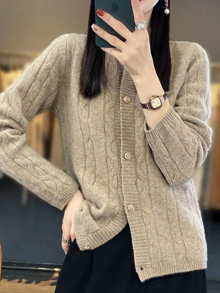 Women Knitted Cardigan Autumn Winter Retro Loose round Neck Sweater Coat