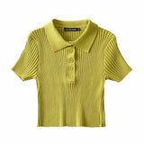 Women Sweater Knitwear Vintage Polo Lapel Single Breasted Thread Exposed Navel Knitted T-shirt
