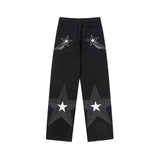 Men Sweatpants Five-Pointed Star Embroidered Slacks Loose Wide-Leg Pants Elastic Waist Mop Pants Trousers