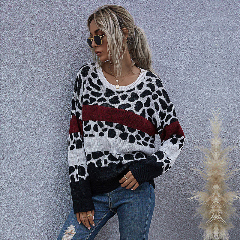 Women Knitted Sweater Fall Loose Leopard Print Knitted Pullover round Neck Base Sweater