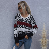 Women Knitted Sweater Fall Loose Leopard Print Knitted Pullover round Neck Base Sweater