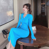 Women Maxi Dress Autumn V-neck Button Slim Fit Hip-Wrapped Sweater Dress