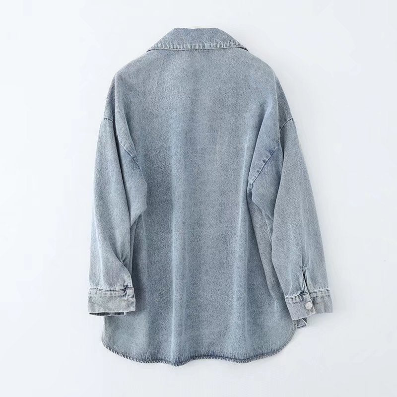 Women Jacket Spring and Autumn Leisure Snowflake Denim Shirt Jacket Coat