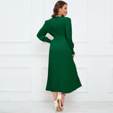 Women Date Dress Fall/Winter Slim Long Sleeve round Neck Pleated Long Dress