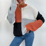 Women Knitted Sweater Fall Long Sleeve Color Matching Turtleneck Sweater Loose