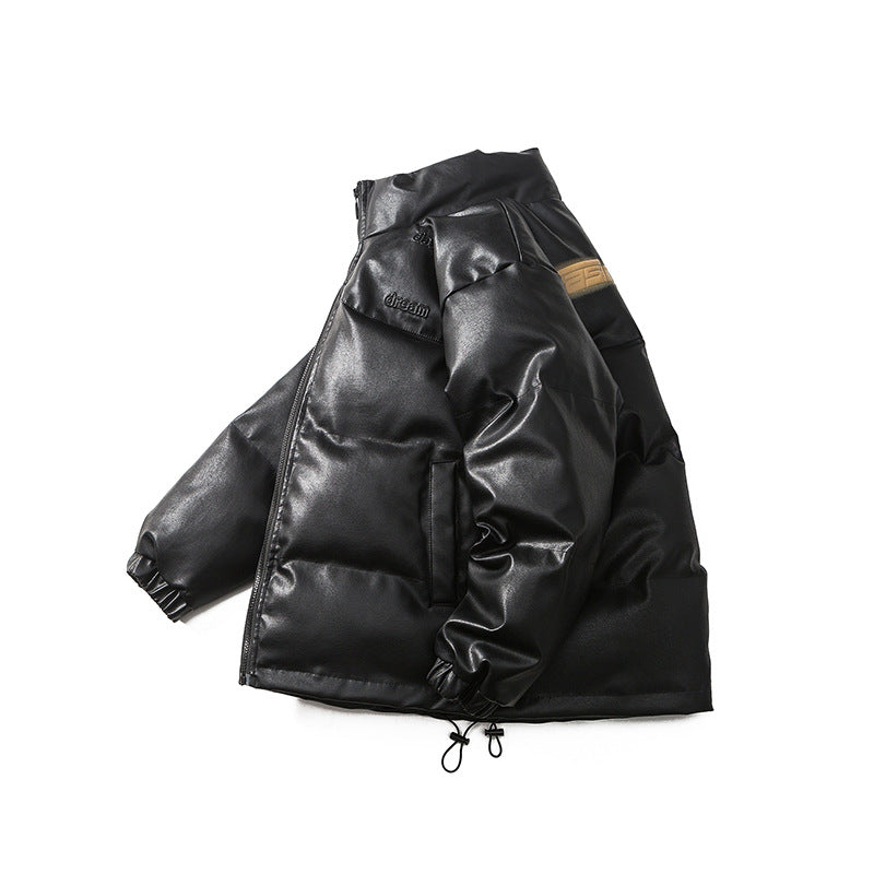 Unisex Winter Cotton Coat Letter Printed Stand-up Collar Cotton-Padded Clothes PU Leather Cotton-Padded Jacket