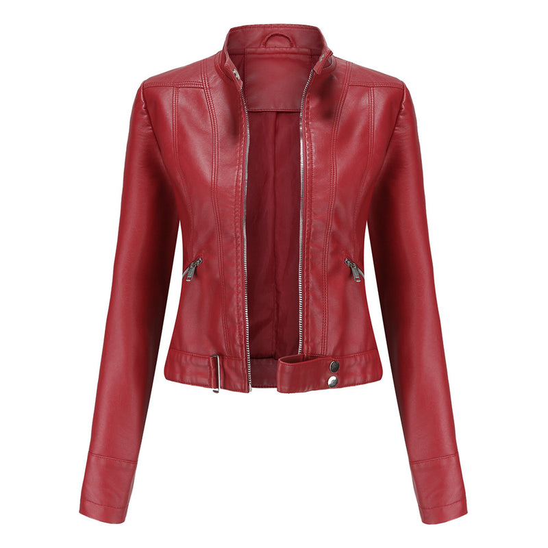 Red Leather Jacket Spring and Autumn Stand Collar Lady Leather Jacket