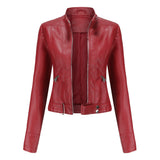 Red Leather Jacket Spring and Autumn Stand Collar Lady Leather Jacket