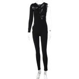 Women Jumpsuit Autumn Sexy Hollow Slim Shoulder Long Sleeve Jumpsuit (Hawthaw0412)
