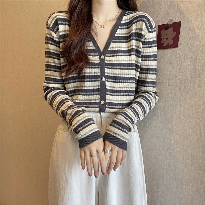 Women Knitwear Autumn Winter Retro Striped V-neck Sweaters Cardigan