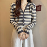 Women Knitwear Autumn Winter Retro Striped V-neck Sweaters Cardigan