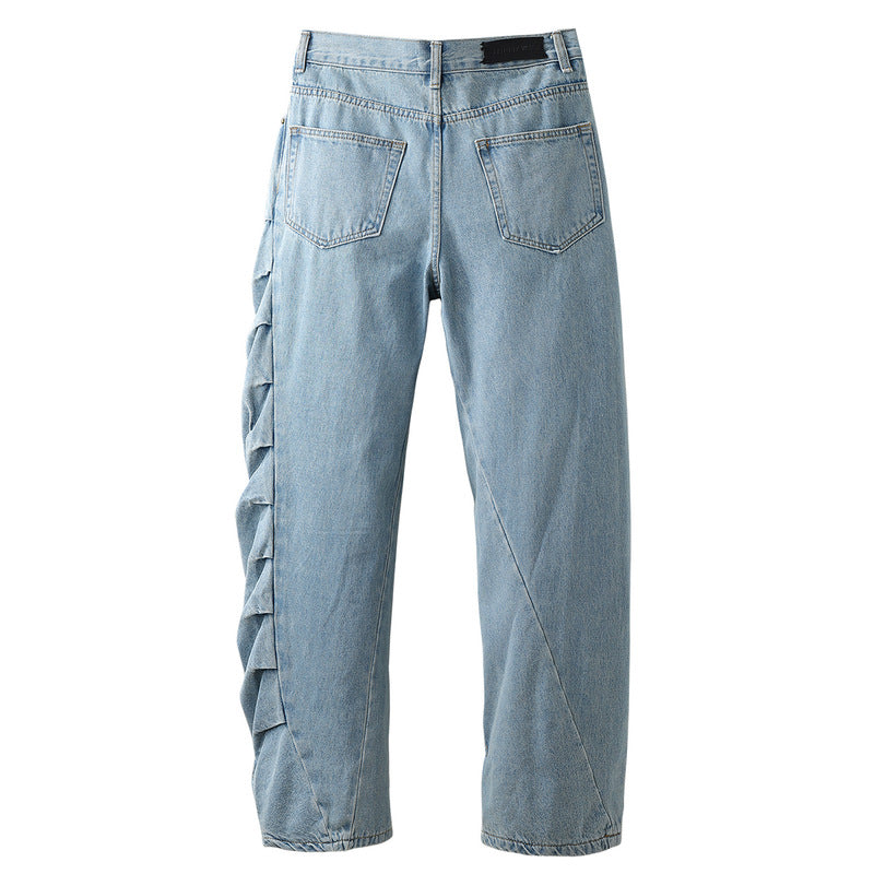 Men Jeans Vintage Worn Looking Washed-out Irregular Pleated Jeans