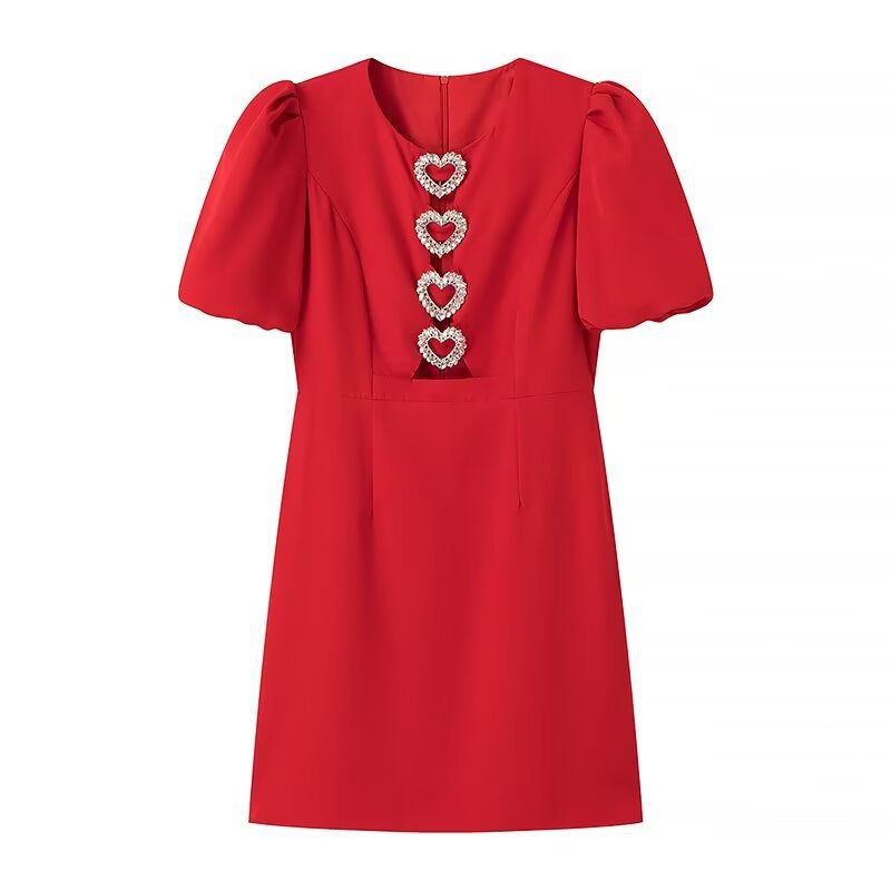 Women Dresses Summer round Neck Love Short Sleeve Dress Hollow Short Skirt (Xds0414)