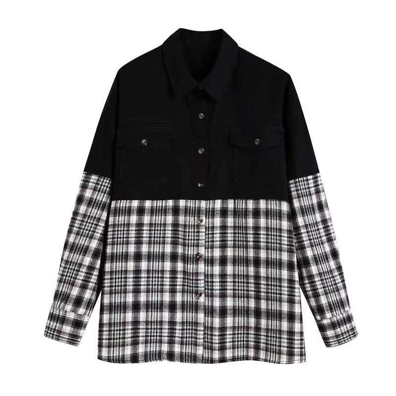 Women Jacket Autumn and Winter Check Contrast Color Loose Single-Breasted Mid-Length Coat