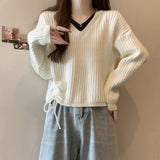 Women Knitted Pullover Fall V-neck Knitwear Loose Long Sleeve Top