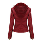 Red Leather Jacket Fall Winter Hooded Leather Women's Detachable Hat Long-Sleeve Zipper Fleece-Lined Wallet