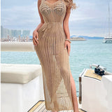 Women Knit Beach Cover Beach Casual Solid Color Knitted Spaghetti Straps Knitted Dress