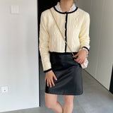 Women Cardigan Sweater Autumn Sweater round Neck Short Button Black and White Cardigan X3005