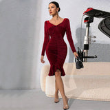Women Dress Sexy V-neck Velvet Slim Fit Hip Skirt