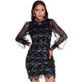 Women Evening Gown Sexy Mesh Long Sleeve Stitching Sequins Dress