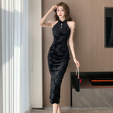 Women Maxi Dress Autumn Winter Retro Sexy Formal Dress Velvet Cheongsam Dress