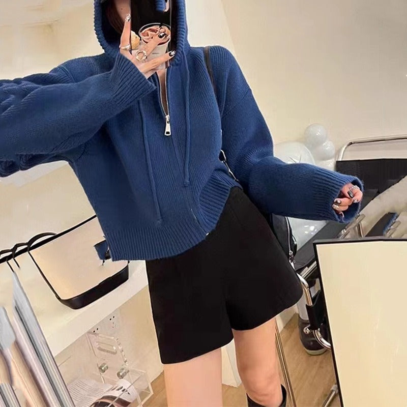 Women Knitted Cardigan Fall Winter Hooded Sweater Cardigan Loose Leisure Short Knitted Coat