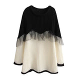 Women Sweater Knitwear Autumn and Winter European and American Knitwear Loose round Neck Stitching Sweater